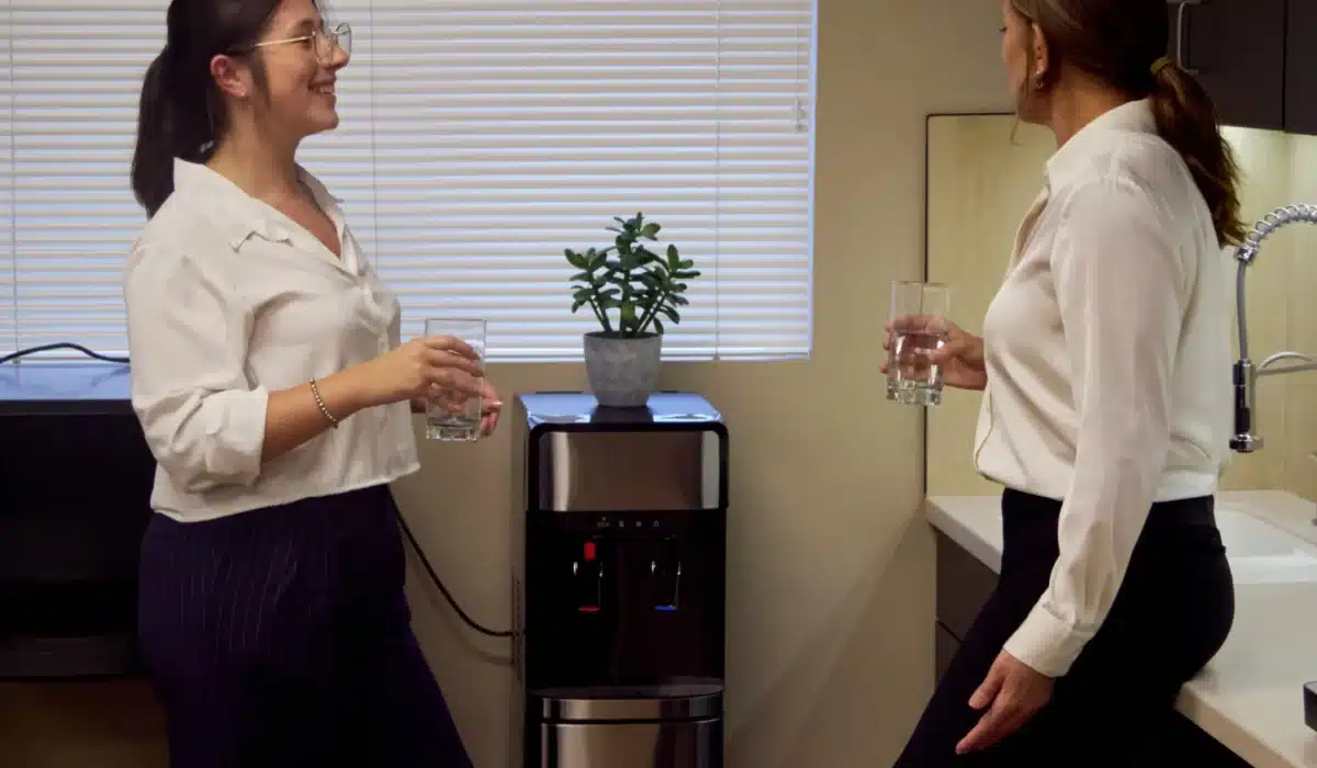 Office water delivery Tampa—BPA-free 5-gallon bottle on hot and cold cooler in Westshore breakroom